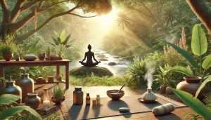 A serene outdoor yoga and meditation setup surrounded by lush greenery and soft sunlight. A person sits cross-legged on a yoga mat, practicing pranayama breathing with eyes closed. Nearby, a table holds Ayurvedic herbs, essential oils, and a steaming herbal tea. The peaceful background features trees, plants, and a gentle stream, creating a calming and natural atmosphere focused on relaxation and healing