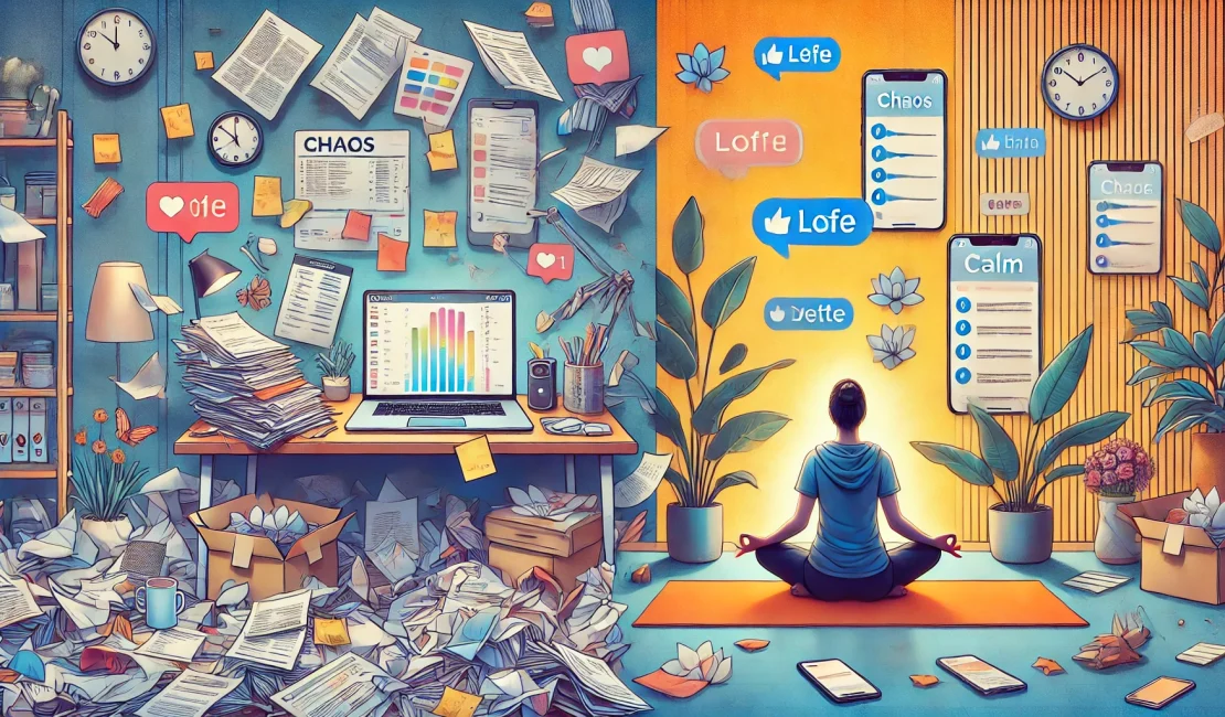 Split Image - Chaos vs Calm, mental peace, calm, relax, yoga, meditation, meditation with apps and smart phones, virtual reality, Tech-Free Zones and Digital Zen, Finding Balance in a Hyperconnected World