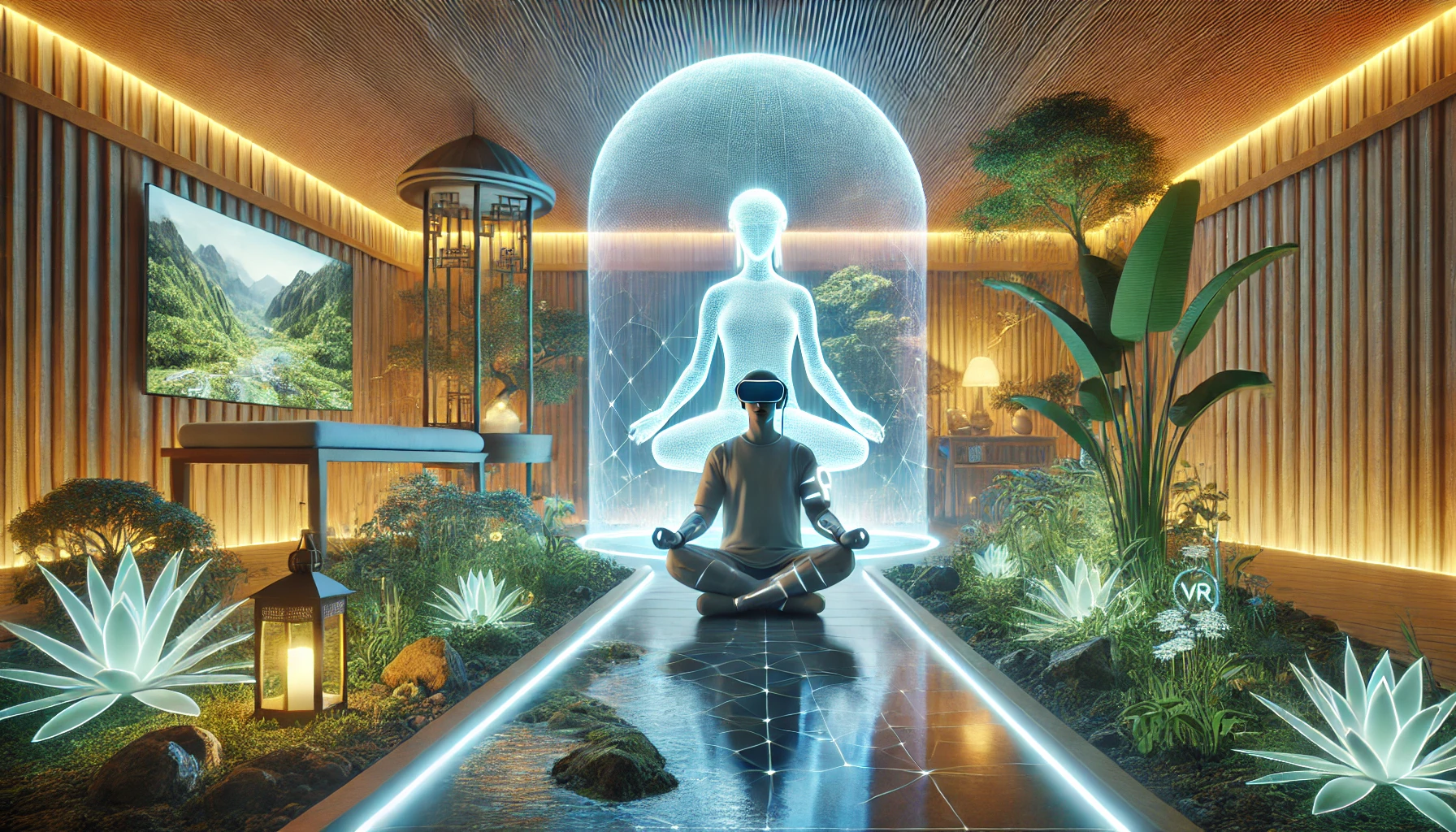 A futuristic meditation room with soft lighting, virtual reality headsets, and holographic AI assistants guiding a meditation session.