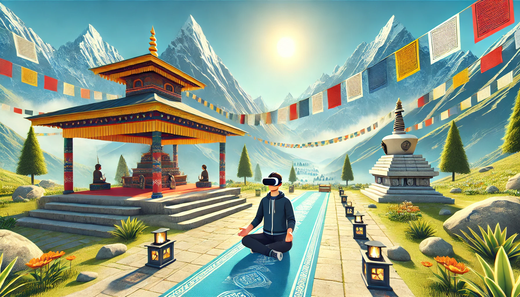 A person wearing a VR headset is virtually transported to a serene Himalayan temple surrounded by mountains and prayer flags