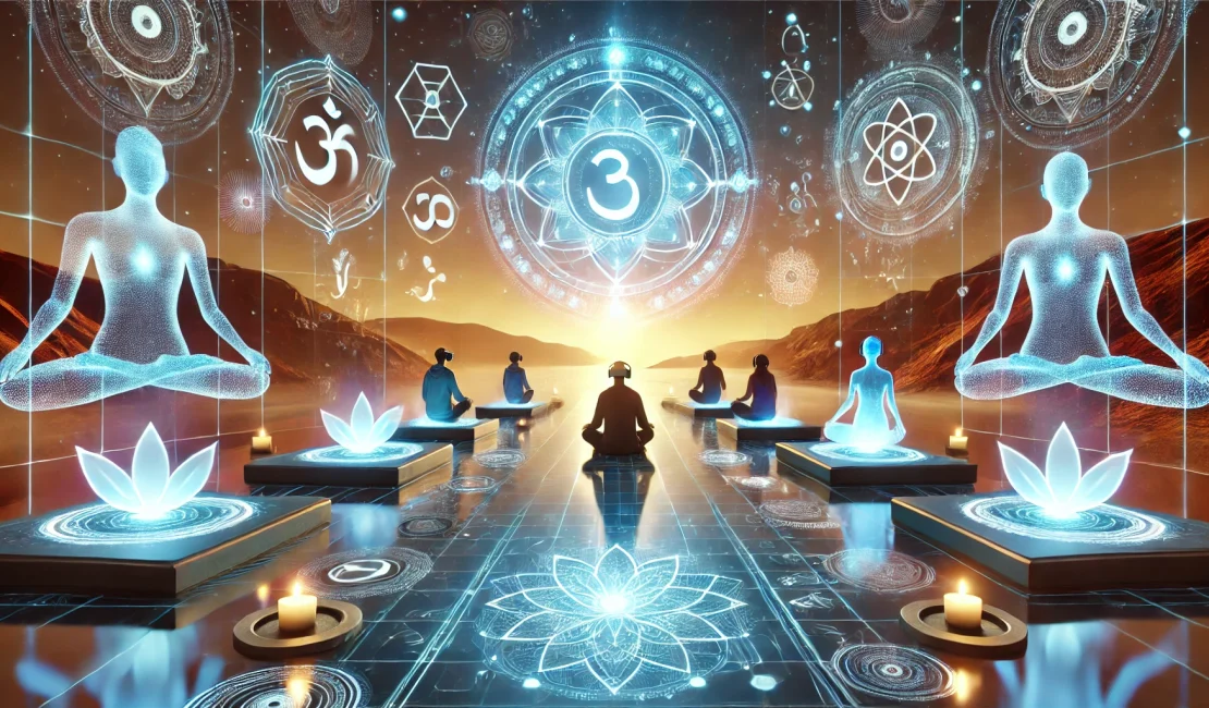 A futuristic spiritual retreat where participants use VR headsets, surrounded by glowing holographic sacred symbols and peaceful landscapes.