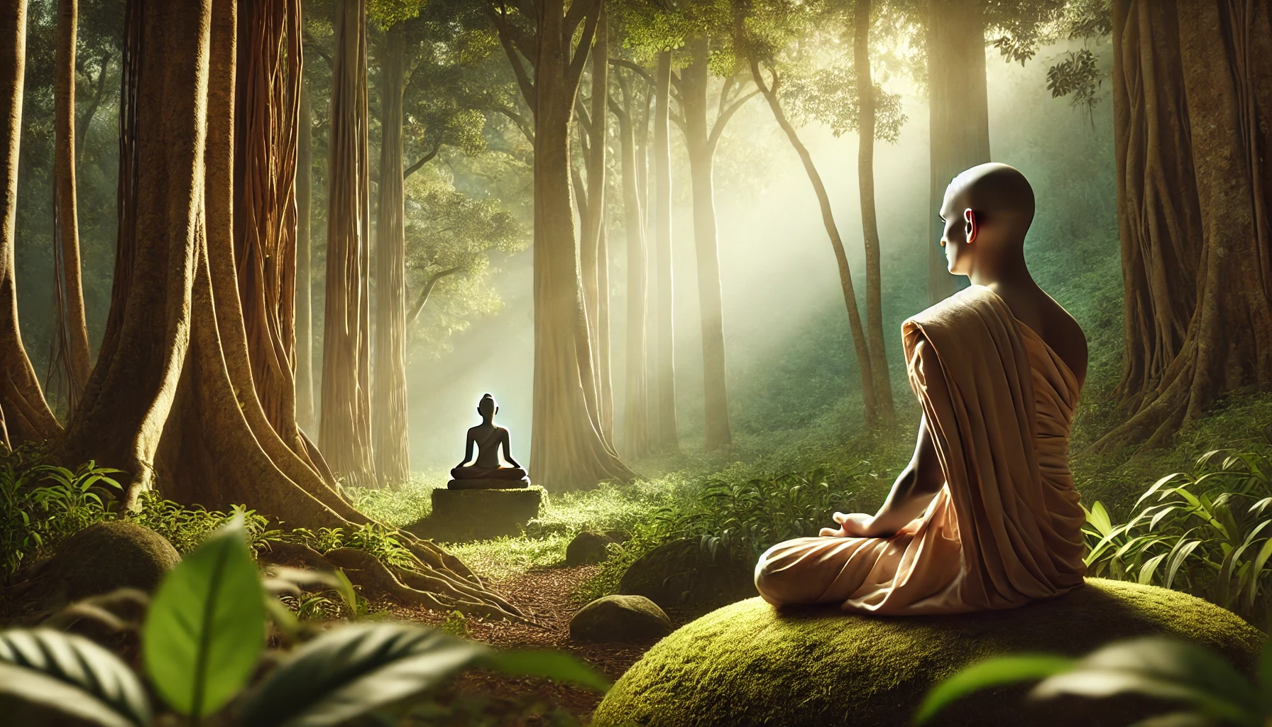 An ancient Jain monk meditating in a serene forest, surrounded by soft sunlight filtering through the trees, symbolizing spiritual minimalism and the vow of non-possessiveness.