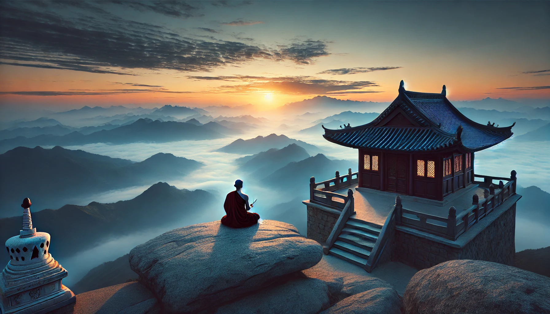 A tranquil Buddhist temple on a mountaintop at sunrise, with a monk practicing mindfulness amidst a serene landscape of clouds and distant peaks.