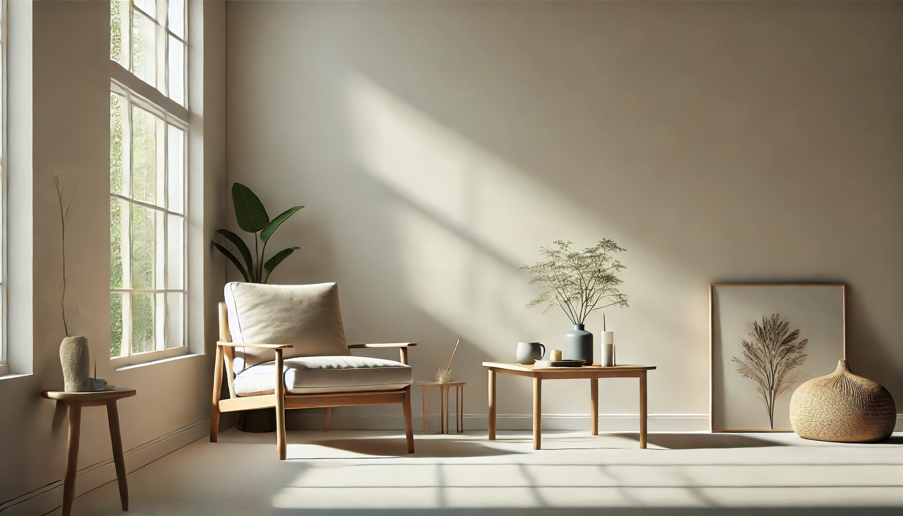 A serene minimalist living room with natural light, a single comfortable chair, a small wooden table with a plant, and an open, clutter-free environment.