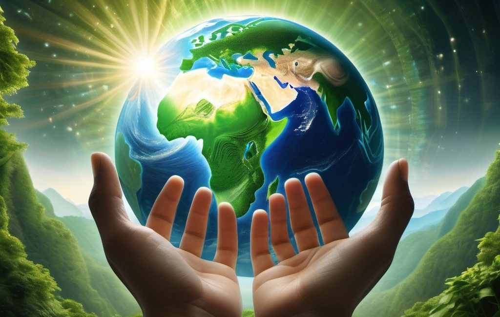 An artistic representation of Earth as a glowing, spiritual entity surrounded by lush forests, oceans, and mountains. People are seen reaching out with open hands, symbolizing the connection between humanity and the planet.