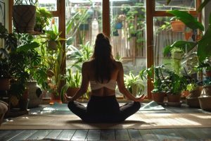 A person sitting cross-legged on a yoga mat in a peaceful room filled with natural light and plants. The scene includes a journal with mantras and soft incense smoke in the background, symbolizing the fusion of ancient wellness techniques and contemporary mental health practices.