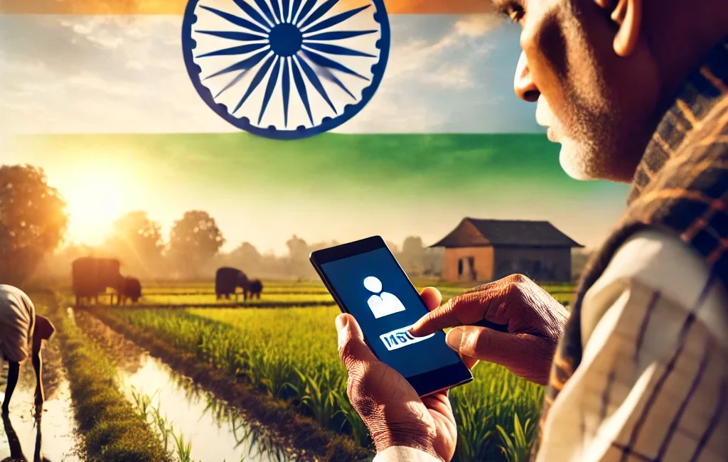 An Indian citizen using a smartphone to access digital government services in a rural area.