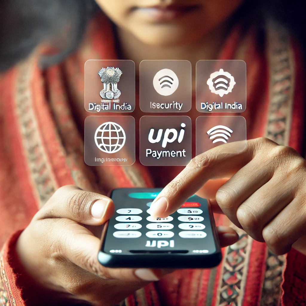 A close-up image of an Indian woman using a smartphone for financial transactions with a focus on UPI payment interface, showcasing digital security and inclusivity
