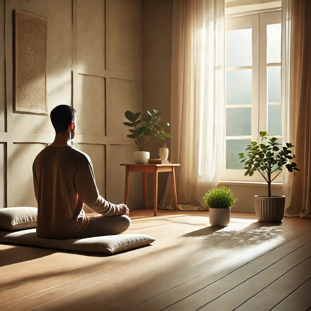 A person meditating indoors on a cushion in a minimalistic room with soft light filtering through a window and a small plant nearby.