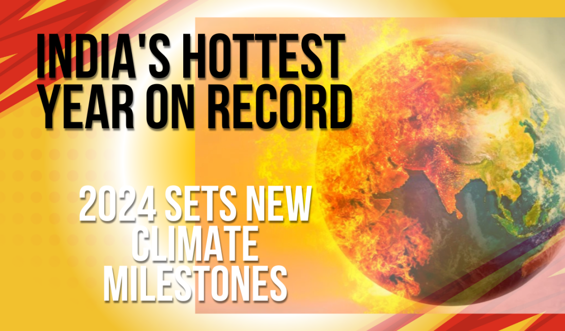 A heatwave-stricken cityscape in India during the summer of 2024, with parched land and a glaring sun symbolizing the record-breaking temperatures reported by the IMD.