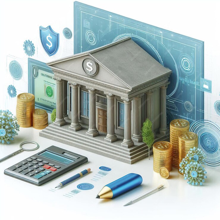 An illustration depicting key financial changes in 2025, featuring coins, a bank building, a calculator, a bar chart, and symbols of digital security, alongside visuals of a car, farm field, ATMs, and mobile phones showcasing UPI transactions.