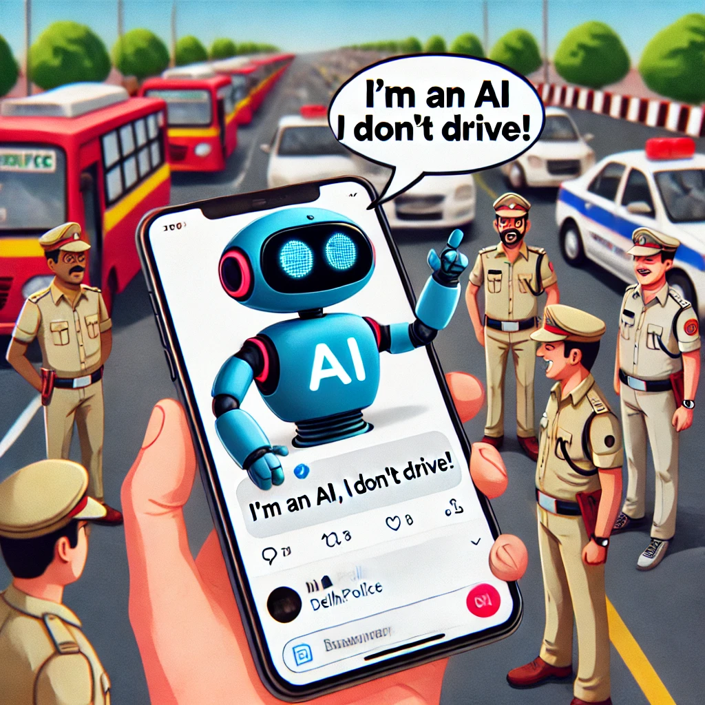 A digital illustration showing an AI chatbot named Grok replying humorously to the Delhi Police on a smartphone screen. The background features Delhi traffic and police officers in uniform, creating a fun and engaging atmosphere.