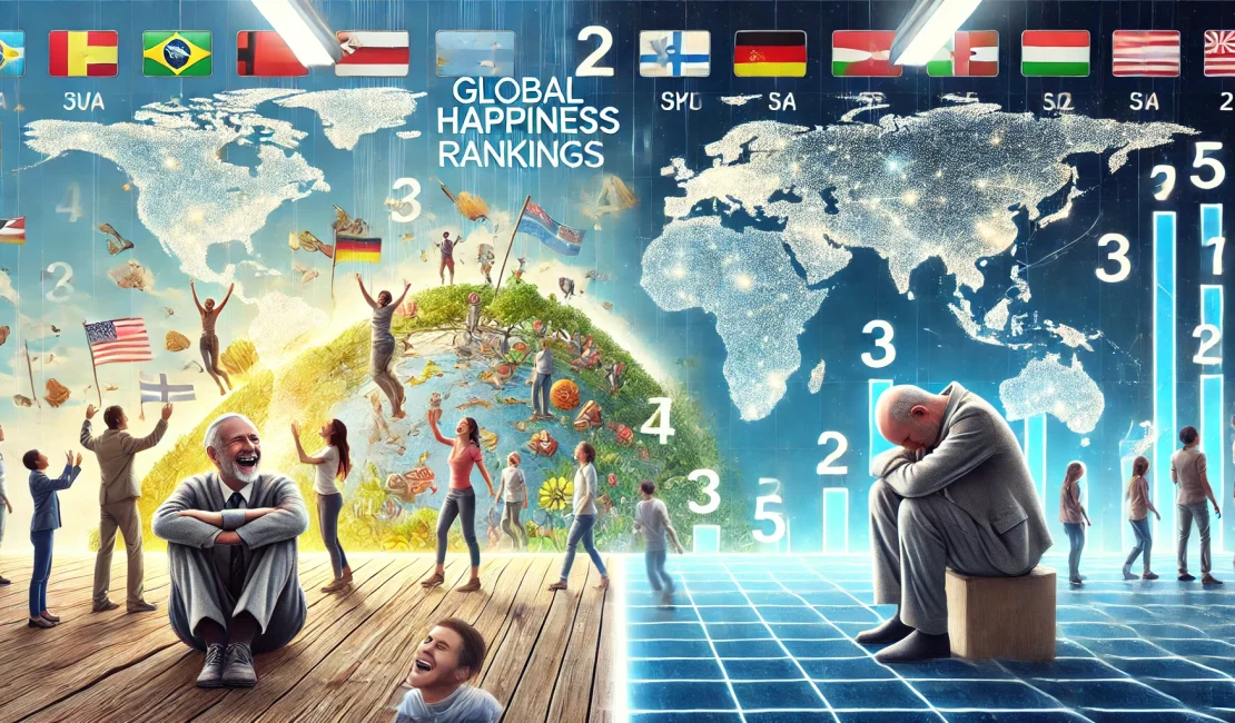A conceptual digital illustration showing global happiness rankings. The image contrasts happiness and dissatisfaction, with one side featuring joyful people in a bright, serene environment and the other side depicting a somber atmosphere with people appearing thoughtful or struggling. A large ranking board in the background represents different happiness levels across countries.