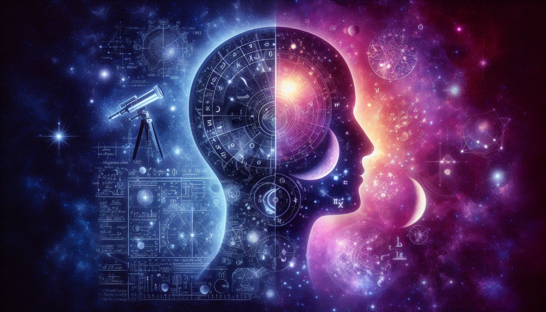 A surreal, artistic rendering of a human silhouette split into two halves: one side filled with star maps, scientific formulas, and telescope images; the other side glowing with zodiac signs, moon phases, and mystical symbols. Background is a deep cosmic purple and blue gradient.