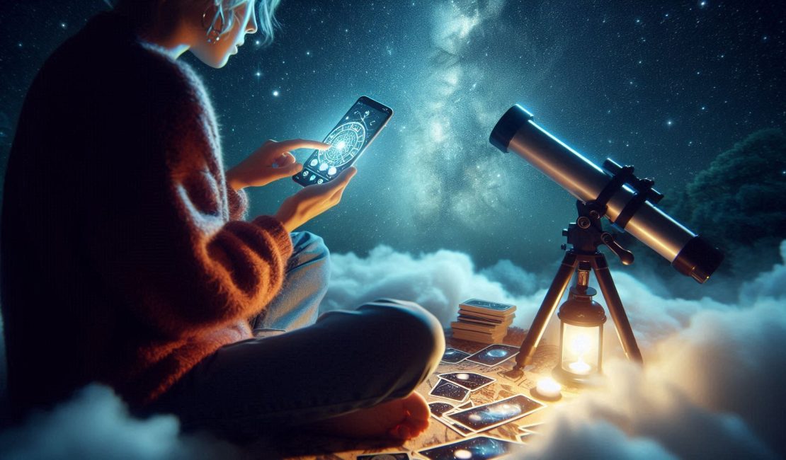 A young person sitting cross-legged under a starry night sky, holding a smartphone in one hand displaying an astrology app, and tarot cards in the other. A telescope is nearby pointing toward the stars. The scene blends modern technology with mystical elements, with soft glowing lights and cosmic vibes.
