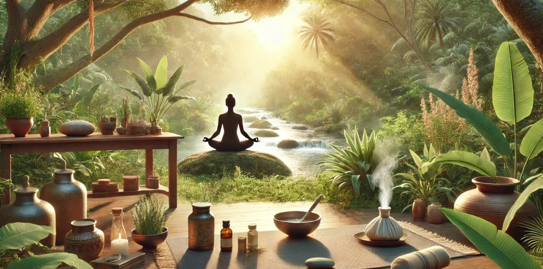 A serene outdoor yoga and meditation setup surrounded by lush greenery and soft sunlight. A person sits cross-legged on a yoga mat, practicing pranayama breathing with eyes closed. Nearby, a table holds Ayurvedic herbs, essential oils, and a steaming herbal tea. The peaceful background features trees, plants, and a gentle stream, creating a calming and natural atmosphere focused on relaxation and healing