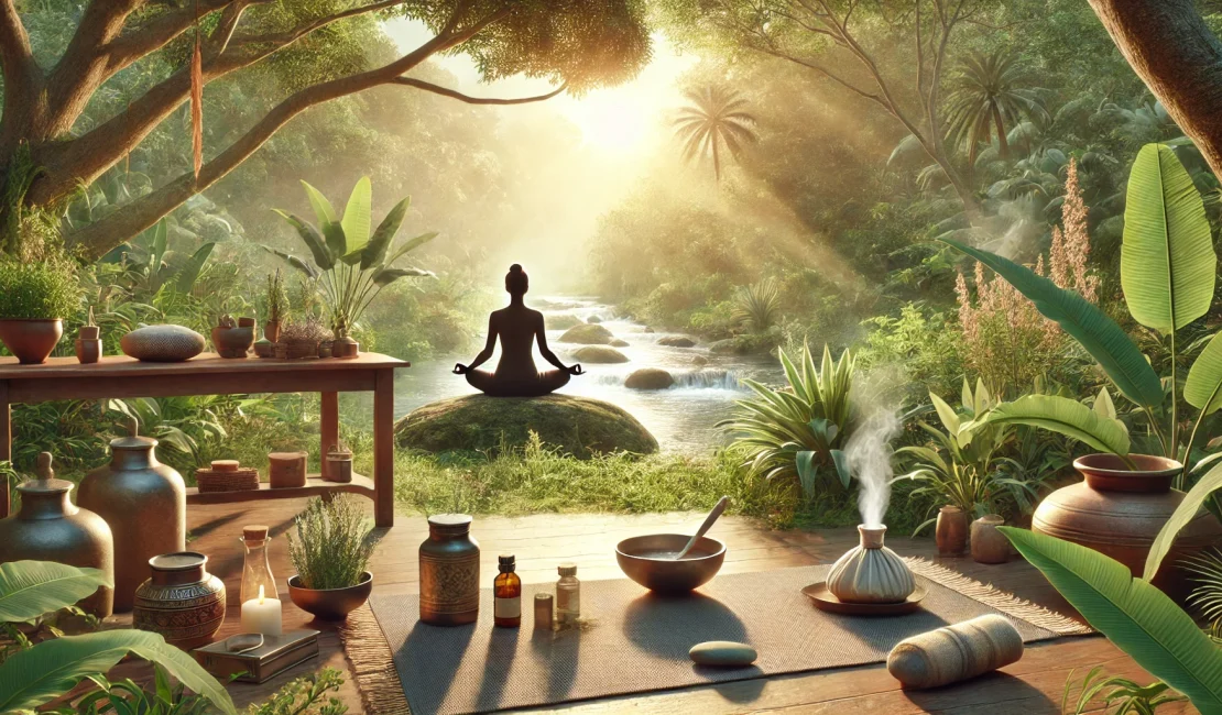 A serene outdoor yoga and meditation setup surrounded by lush greenery and soft sunlight. A person sits cross-legged on a yoga mat, practicing pranayama breathing with eyes closed. Nearby, a table holds Ayurvedic herbs, essential oils, and a steaming herbal tea. The peaceful background features trees, plants, and a gentle stream, creating a calming and natural atmosphere focused on relaxation and healing
