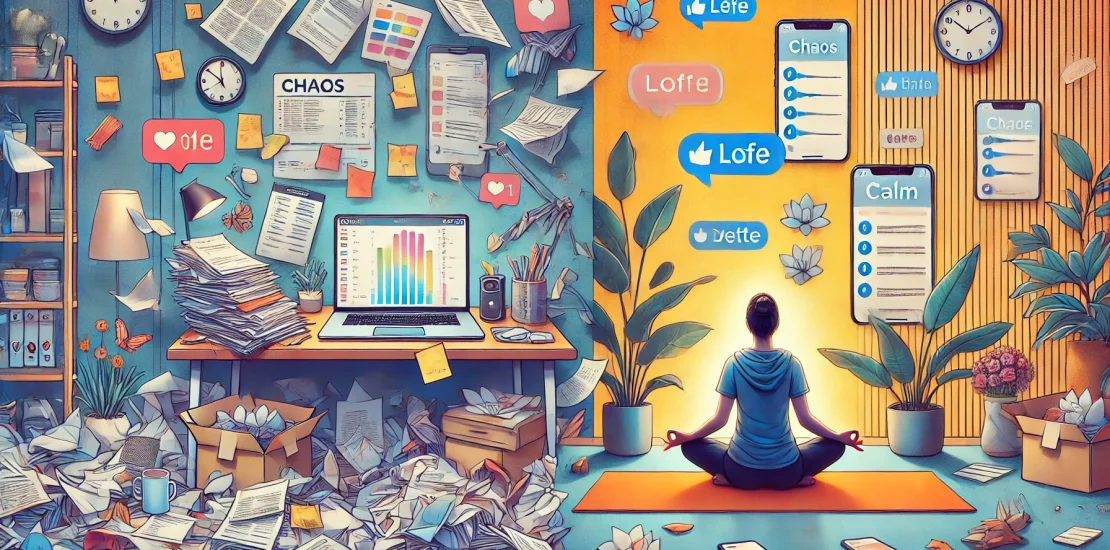 Split Image - Chaos vs Calm, mental peace, calm, relax, yoga, meditation, meditation with apps and smart phones, virtual reality, Tech-Free Zones and Digital Zen, Finding Balance in a Hyperconnected World