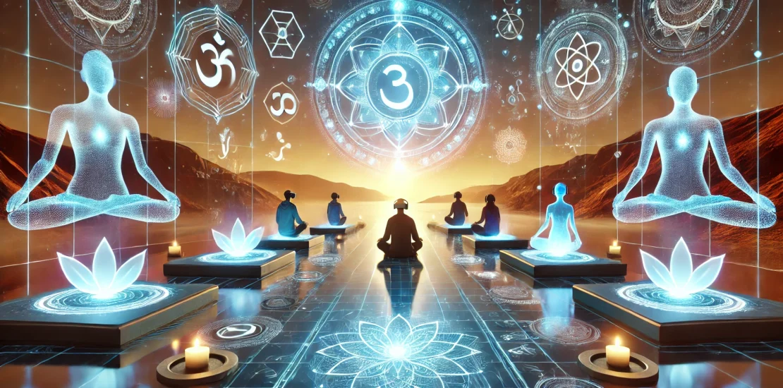 A futuristic spiritual retreat where participants use VR headsets, surrounded by glowing holographic sacred symbols and peaceful landscapes.