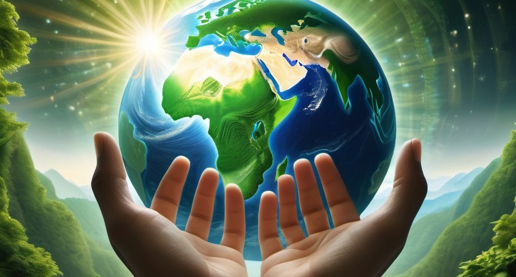 An artistic representation of Earth as a glowing, spiritual entity surrounded by lush forests, oceans, and mountains. People are seen reaching out with open hands, symbolizing the connection between humanity and the planet.