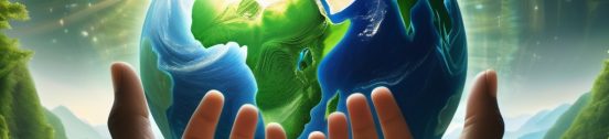 An artistic representation of Earth as a glowing, spiritual entity surrounded by lush forests, oceans, and mountains. People are seen reaching out with open hands, symbolizing the connection between humanity and the planet.
