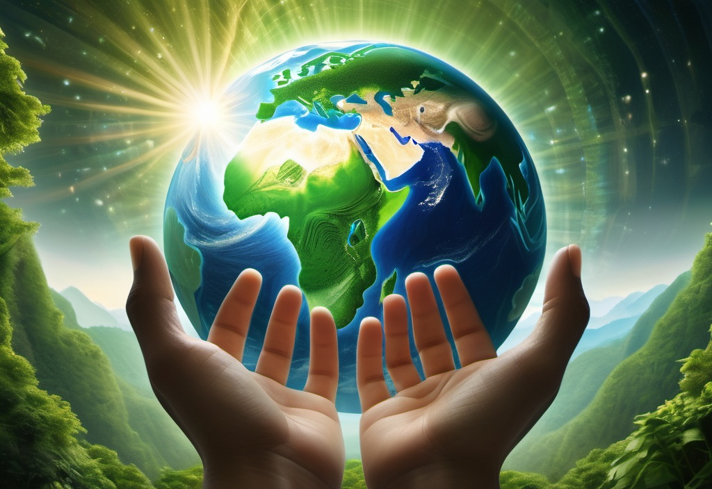 An artistic representation of Earth as a glowing, spiritual entity surrounded by lush forests, oceans, and mountains. People are seen reaching out with open hands, symbolizing the connection between humanity and the planet.