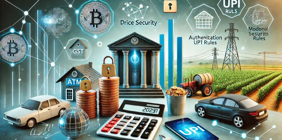 An illustration depicting key financial changes in 2025, featuring coins, a bank building, a calculator, a bar chart, and symbols of digital security, alongside visuals of a car, farm field, ATMs, and mobile phones showcasing UPI transactions.