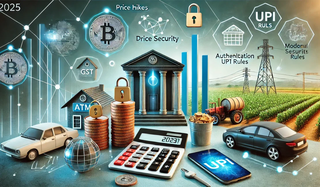 An illustration depicting key financial changes in 2025, featuring coins, a bank building, a calculator, a bar chart, and symbols of digital security, alongside visuals of a car, farm field, ATMs, and mobile phones showcasing UPI transactions.