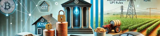 An illustration depicting key financial changes in 2025, featuring coins, a bank building, a calculator, a bar chart, and symbols of digital security, alongside visuals of a car, farm field, ATMs, and mobile phones showcasing UPI transactions.