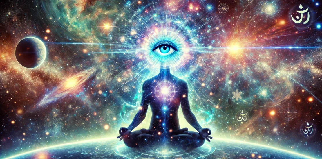 A mystical depiction of a glowing third eye centered on a human forehead, surrounded by vibrant energy waves and a cosmic universe background with stars and galaxies.