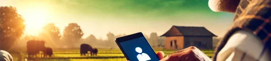 An Indian citizen using a smartphone to access digital government services in a rural area.