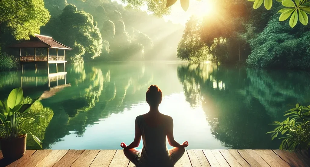 A person meditating cross-legged on a wooden deck overlooking a calm lake, surrounded by greenery and soft sunlight.