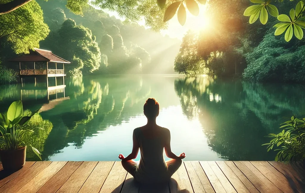 A person meditating cross-legged on a wooden deck overlooking a calm lake, surrounded by greenery and soft sunlight.