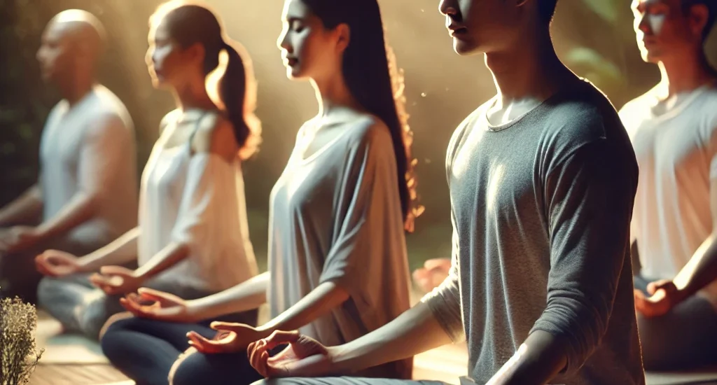 A serene meditation session with both a man and a woman sitting cross-legged, practicing mindfulness in a peaceful, natural environment. The soft lighting and nature-based setting contrast with their distinct biological responses to pain management.