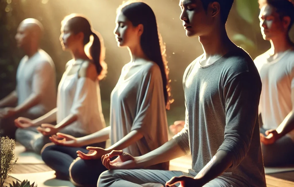 A serene meditation session with both a man and a woman sitting cross-legged, practicing mindfulness in a peaceful, natural environment. The soft lighting and nature-based setting contrast with their distinct biological responses to pain management.