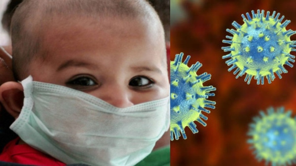 Infant wearing a mask as a precautionary measure against respiratory infections, symbolizing protection from viruses like HMPV
