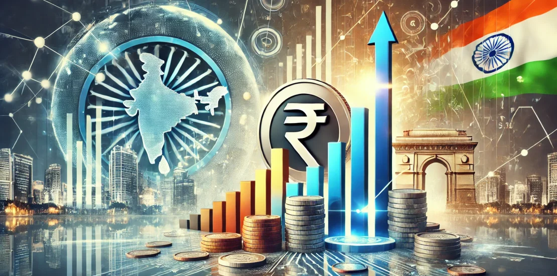 A high-definition illustration symbolizing India's economic growth and financial planning. The image features rising bar graphs, stacks of coins, the Indian Rupee symbol, and a futuristic city skyline in the background, representing development, prosperity, and investment.