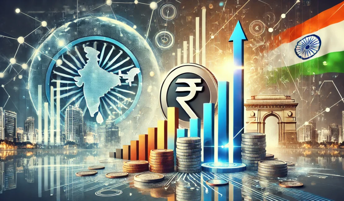 A high-definition illustration symbolizing India's economic growth and financial planning. The image features rising bar graphs, stacks of coins, the Indian Rupee symbol, and a futuristic city skyline in the background, representing development, prosperity, and investment.