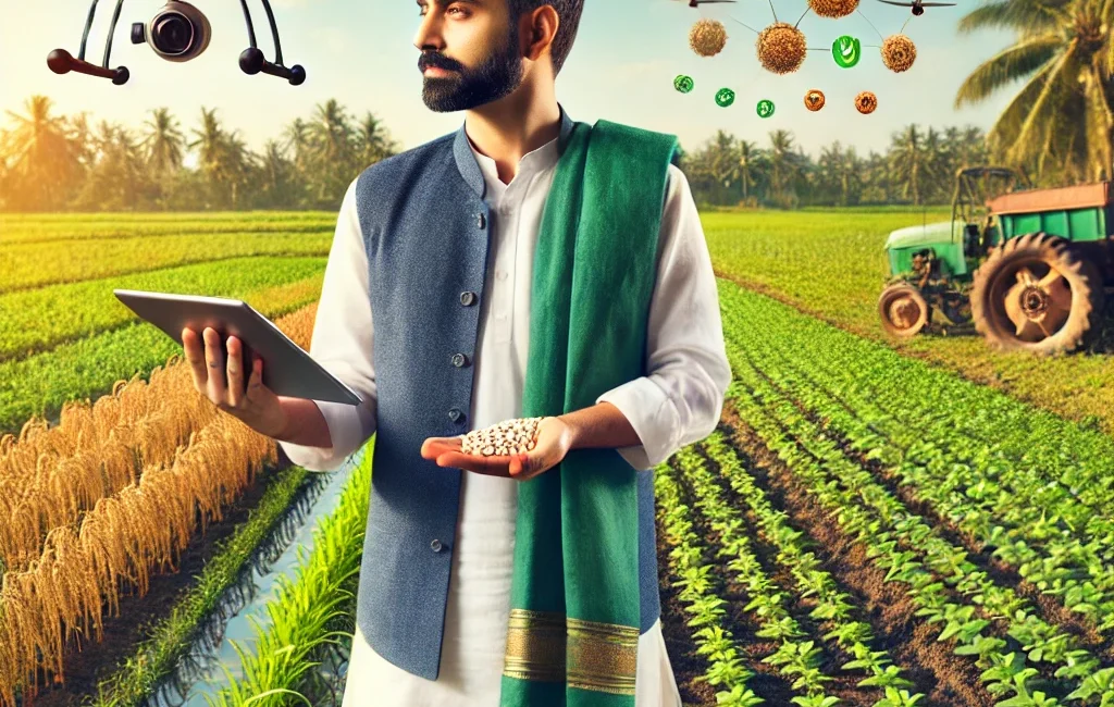 A modern Indian farmer standing in a lush green field, holding high-yielding seeds in one hand and a tablet in the other, symbolizing the integration of technology and sustainable farming. In the background, various crops like rice, wheat, pulses, and cotton grow in well-irrigated sections, while an agricultural drone flies overhead, representing advanced farming techniques and India's agricultural progress.