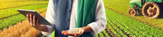 A modern Indian farmer standing in a lush green field, holding high-yielding seeds in one hand and a tablet in the other, symbolizing the integration of technology and sustainable farming. In the background, various crops like rice, wheat, pulses, and cotton grow in well-irrigated sections, while an agricultural drone flies overhead, representing advanced farming techniques and India's agricultural progress.