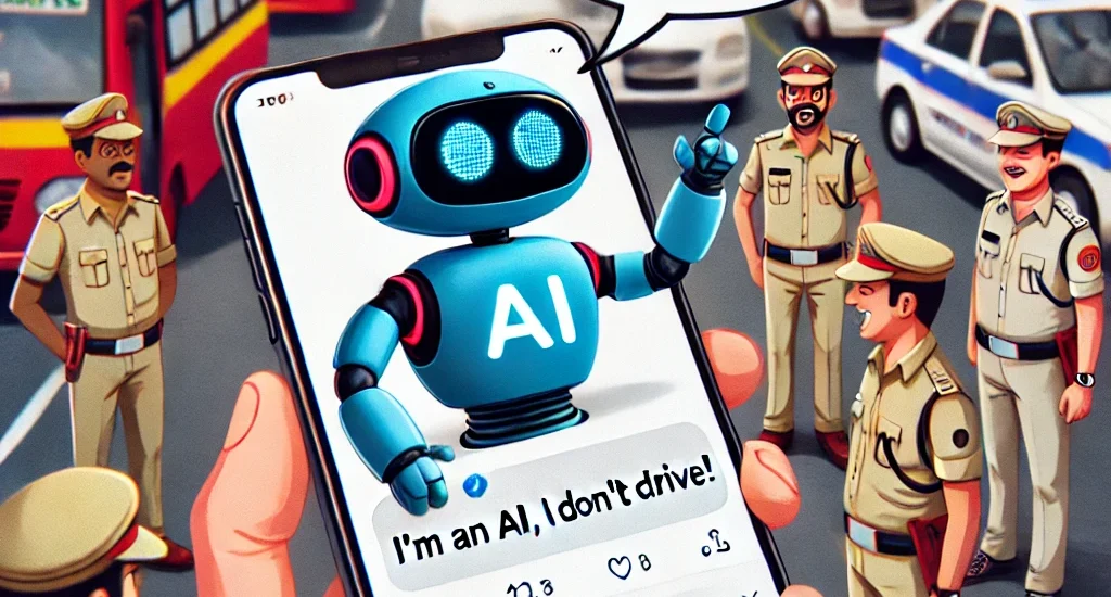 A digital illustration showing an AI chatbot named Grok replying humorously to the Delhi Police on a smartphone screen. The background features Delhi traffic and police officers in uniform, creating a fun and engaging atmosphere.