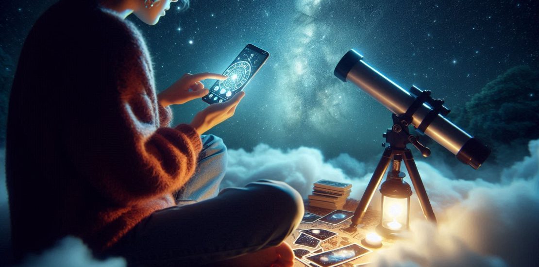 A young person sitting cross-legged under a starry night sky, holding a smartphone in one hand displaying an astrology app, and tarot cards in the other. A telescope is nearby pointing toward the stars. The scene blends modern technology with mystical elements, with soft glowing lights and cosmic vibes.